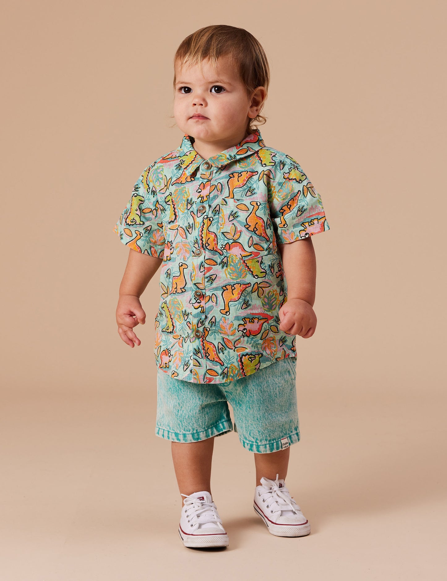 Goldie + Ace - Holiday Linen Shirt Dino Jungle