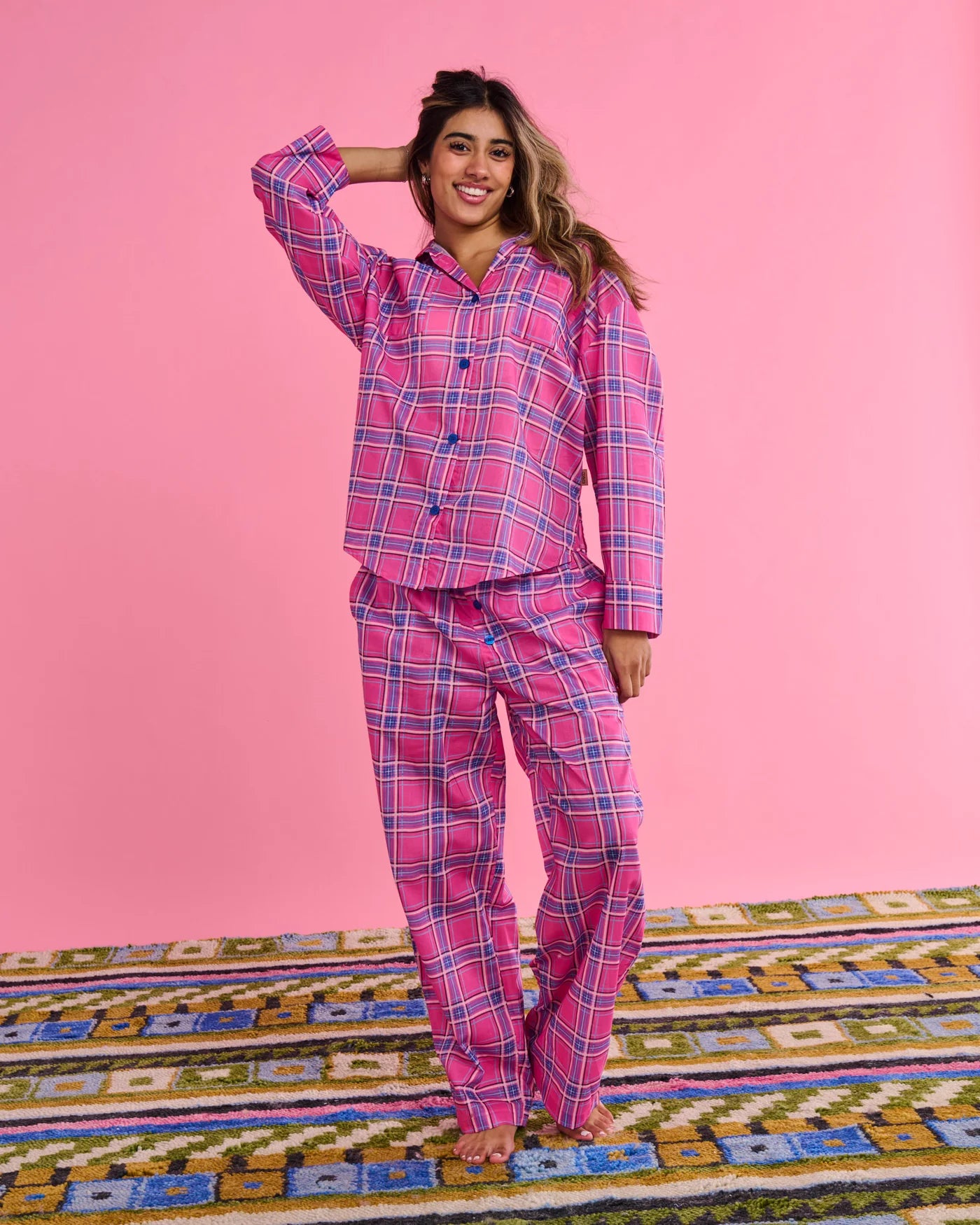 Kip & Co - Pinky Tartan Organic Cotton Long Sleeve Shirt & Pant Pyjama Set