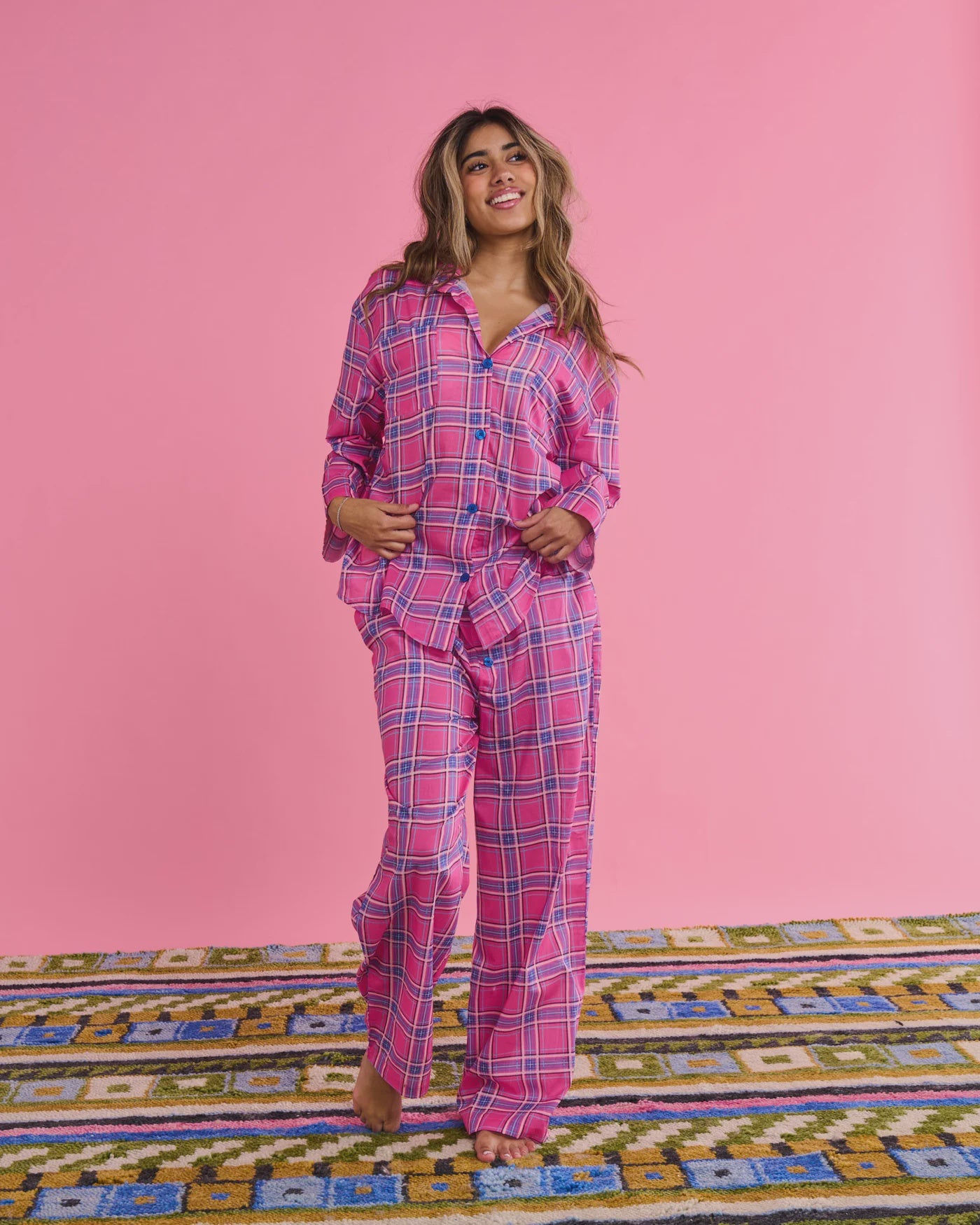 Kip & Co - Pinky Tartan Organic Cotton Long Sleeve Shirt & Pant Pyjama Set