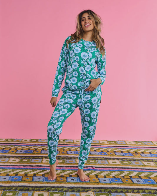 Kip & Co - Tumbling Flowers Green Organic Cotton Long Sleeve Pyjama Top & Slouch Pant Set